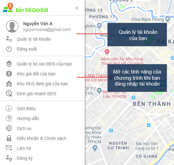 menu chính bản đồ giá đất