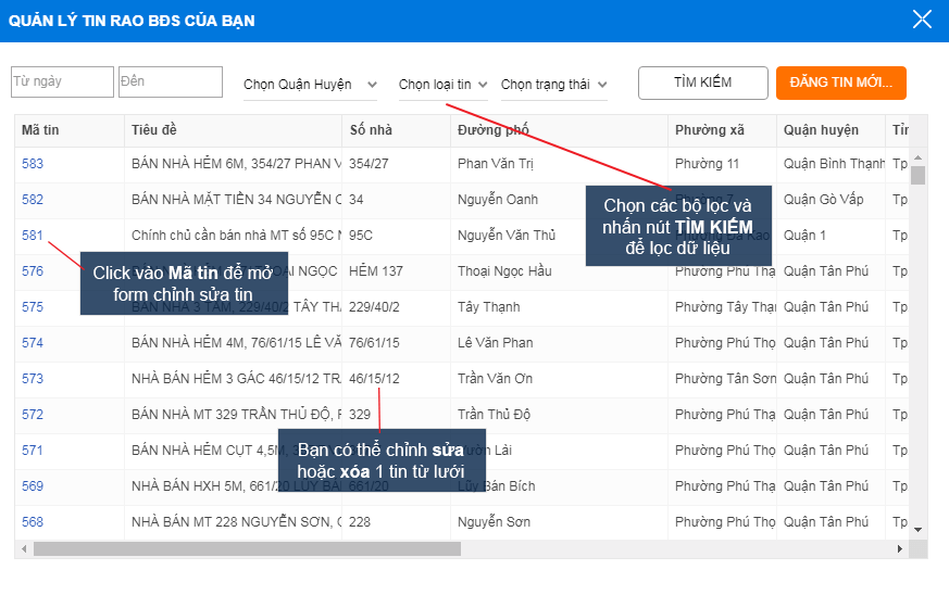 quản lý đăng tin mua bán, cho thuê nhà đất